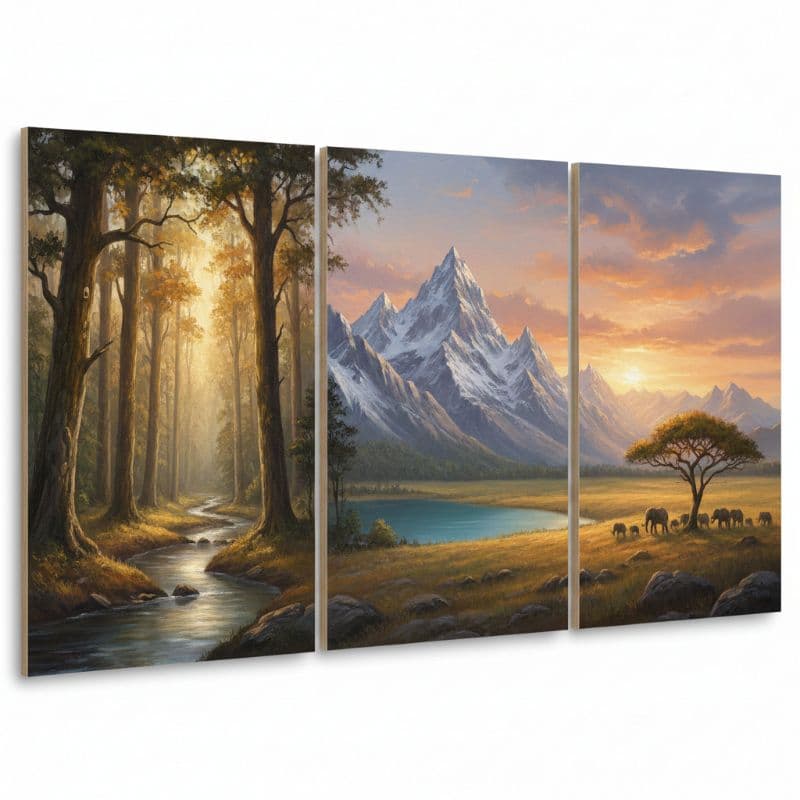 Quadro Decorativo Mosaico 3 Peças Natureza Elefantes MDF 3mm