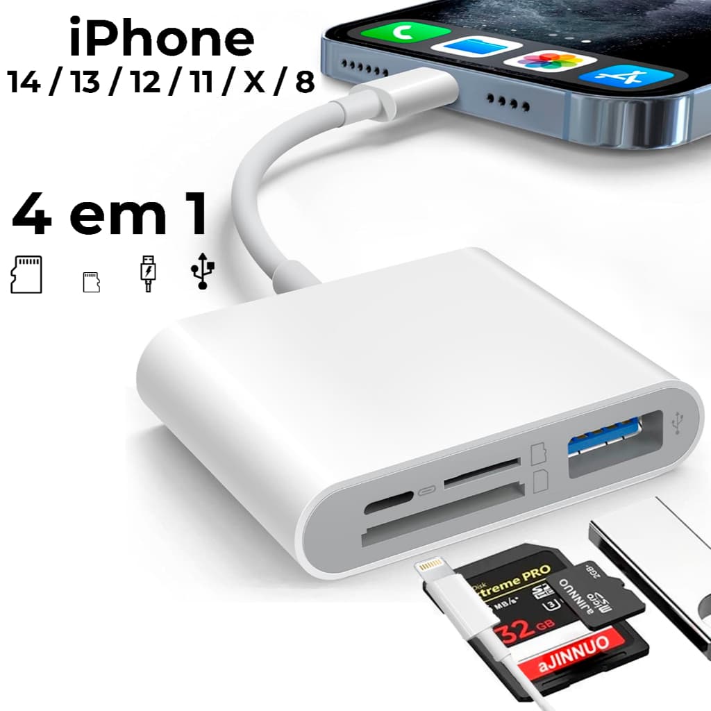 Adaptador Lightning Leitor De Cartão Sd Para iPhone 14 13 11 X 8 iPad 4 em 1 Sd Tf USB Carregamento