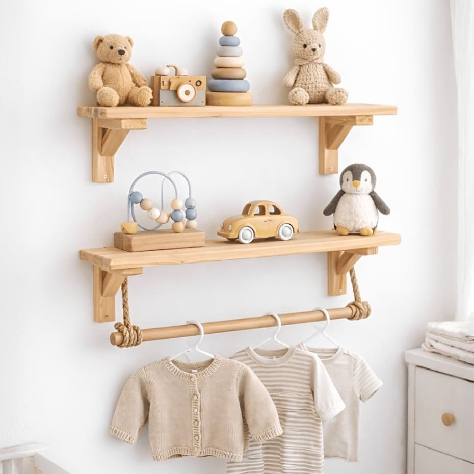 Kit 2 Prateleira Infantil Montessoriana em Madeira Pinus Com 3 Cabides