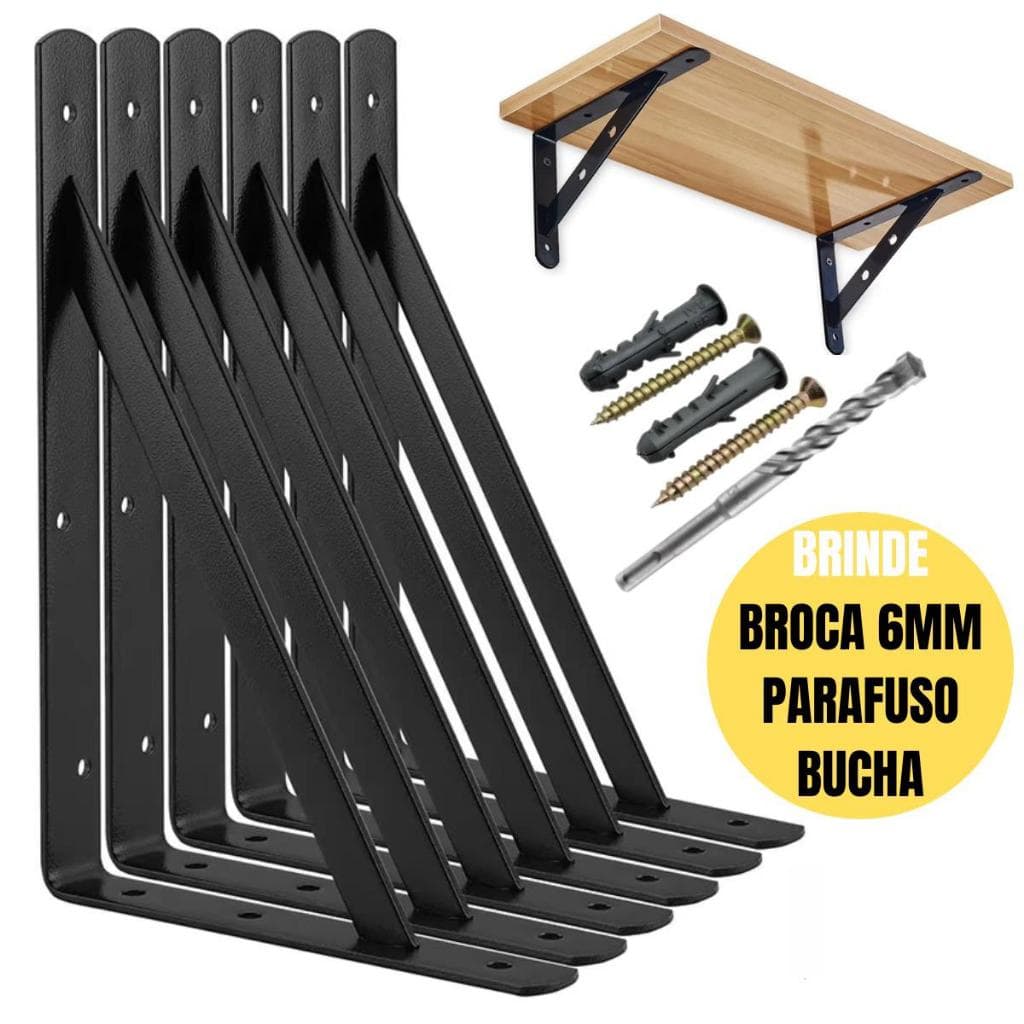 Suportes Mão Francesa Preta 29cm/23cm/19cm Prateleira Tábua Cantoneira Reforçada Broca BBP