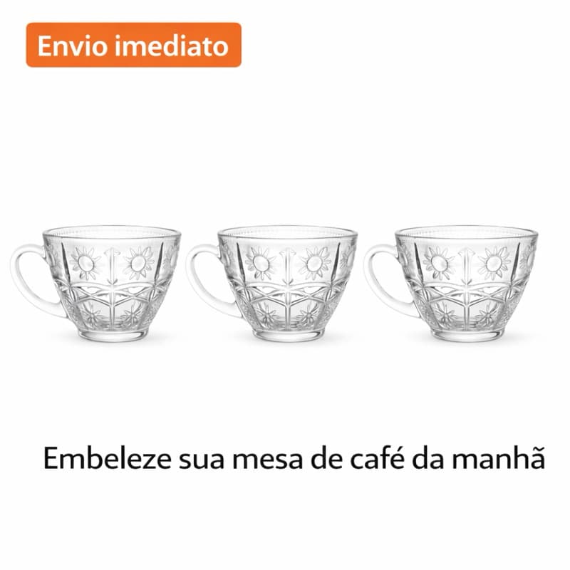 Kit Canecas de Vidro 3 Xícaras de Chá Vidro Zharah 220ml Resistente