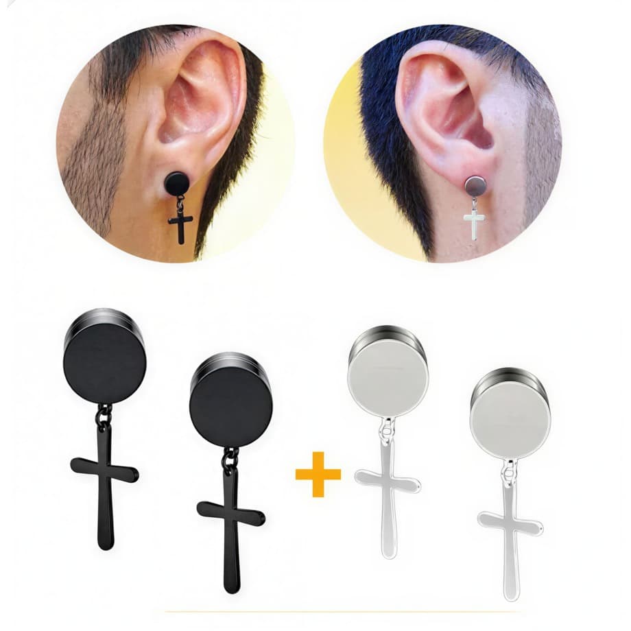 Kit 2 Pares Brinco Unissex Cruz Magnético Sem Furo Falso Alargador Aço Inox Preto e Prata