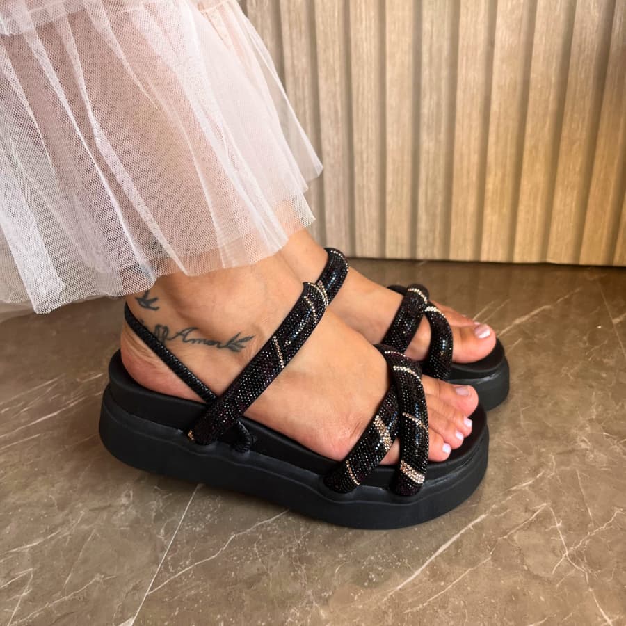 Papete Sandália Plataforma Alta Strass Feminina Ajustável confortável em X Brilho Branca ouro Preto