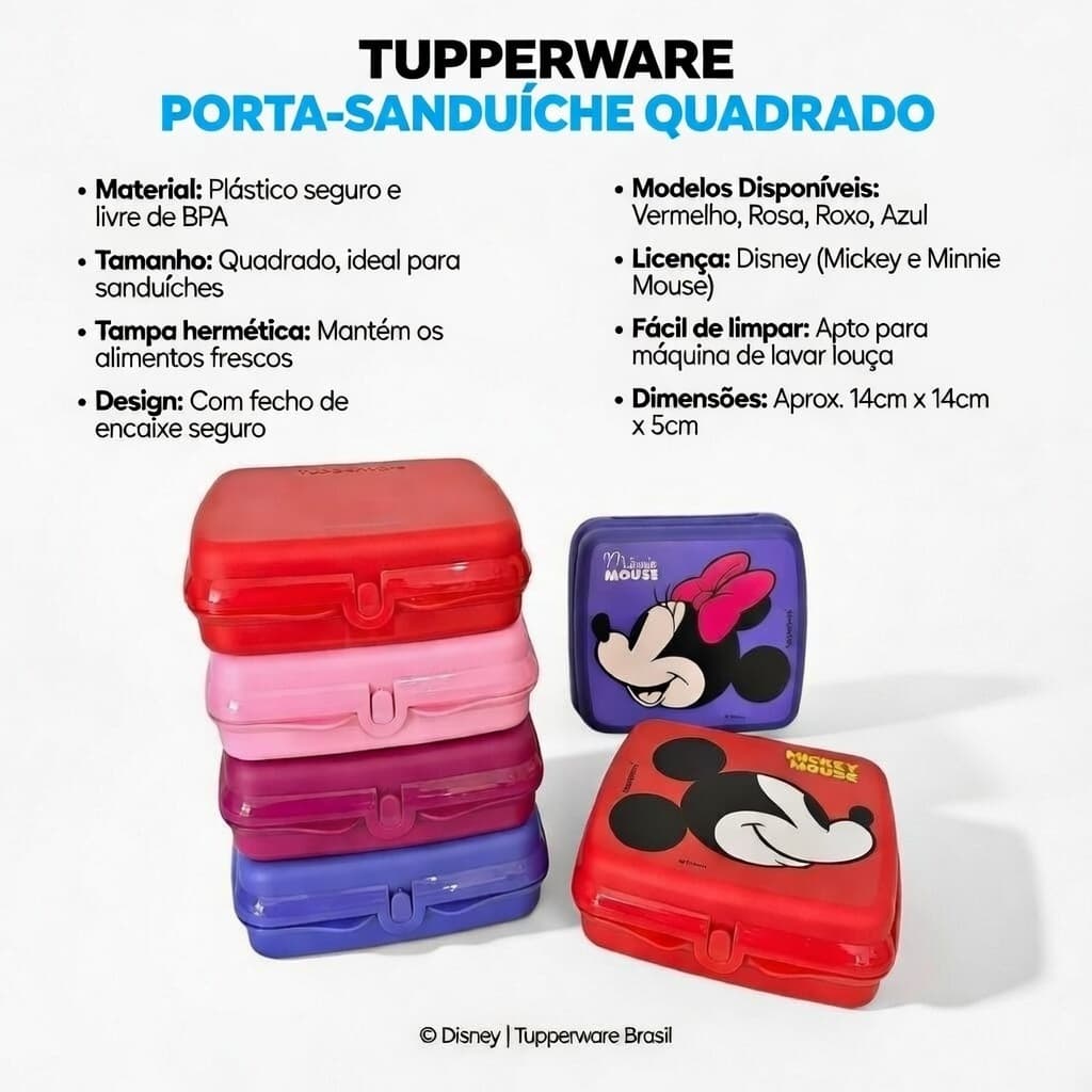 Porta Sanduíche Quadrado Infantil Tuppeware Original Cores e Estampa