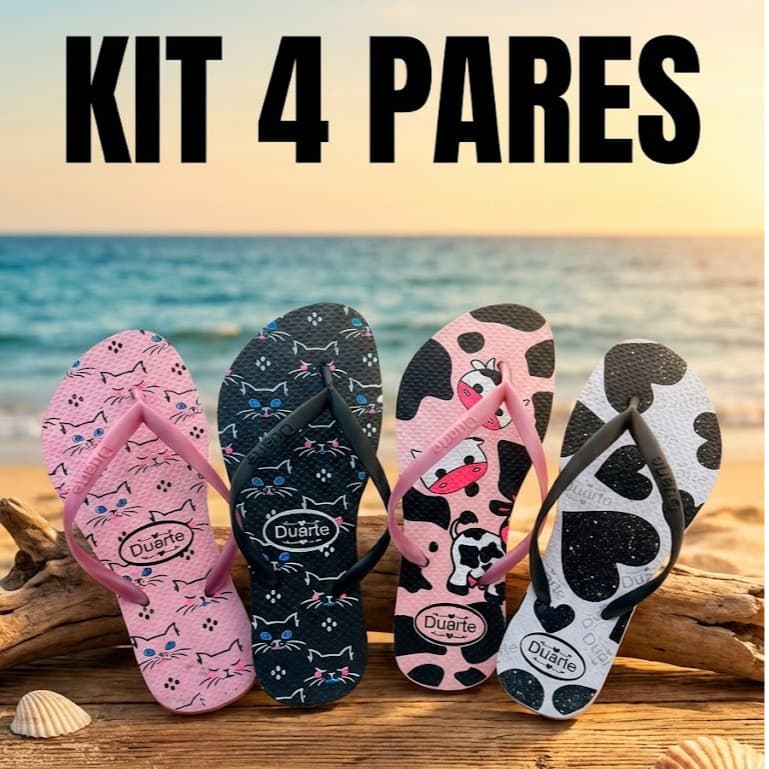 kit 4 pares chinelo de dedo feminino estampas sortidas