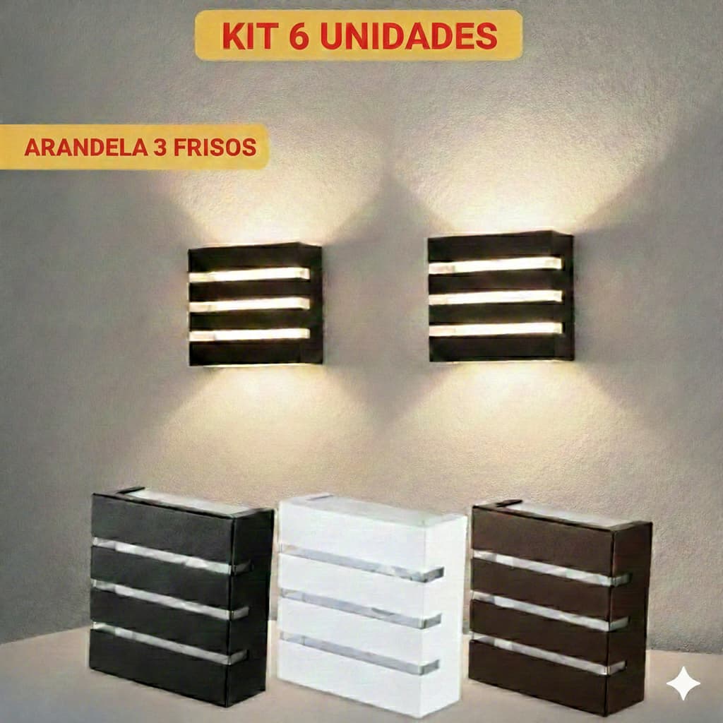 Kit 6un Arandela Slim Luminária 3 Frisos 2 Fachos Uso Externo Interno Acompanha Lâmpada LED
