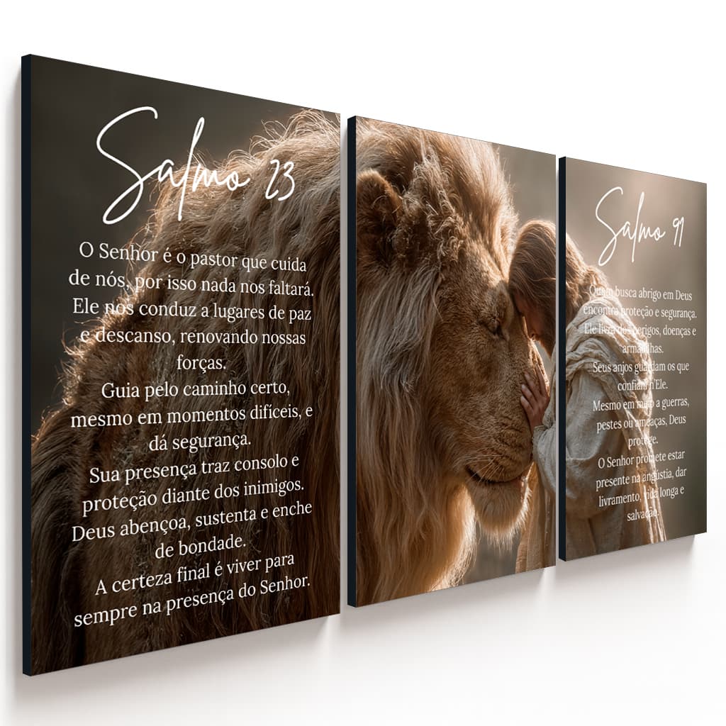 Kit 3 Quadro Leão Versículo Bíblico Salmo 23 e 91 Decoração Moderna Quarto Sala