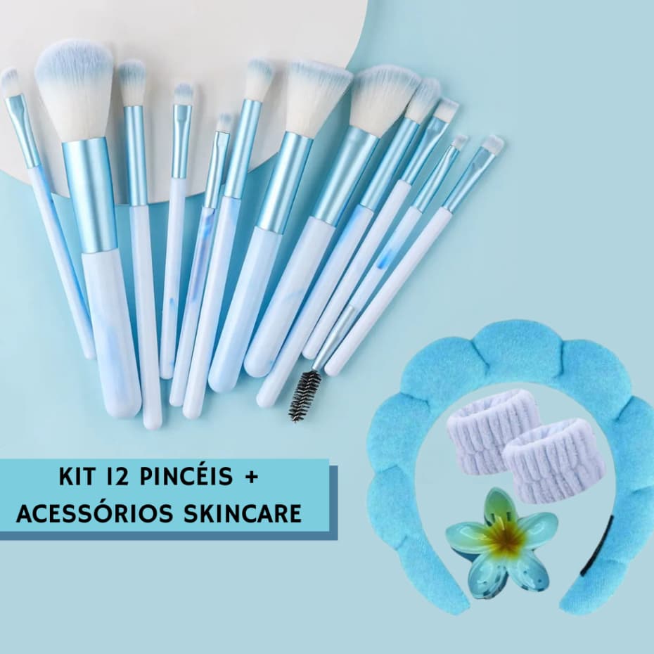 KIT 12PÇS Conjunto Pincéis de Maquiagem Azul Com/Sem Combo de Acessórios de Skincare Spa