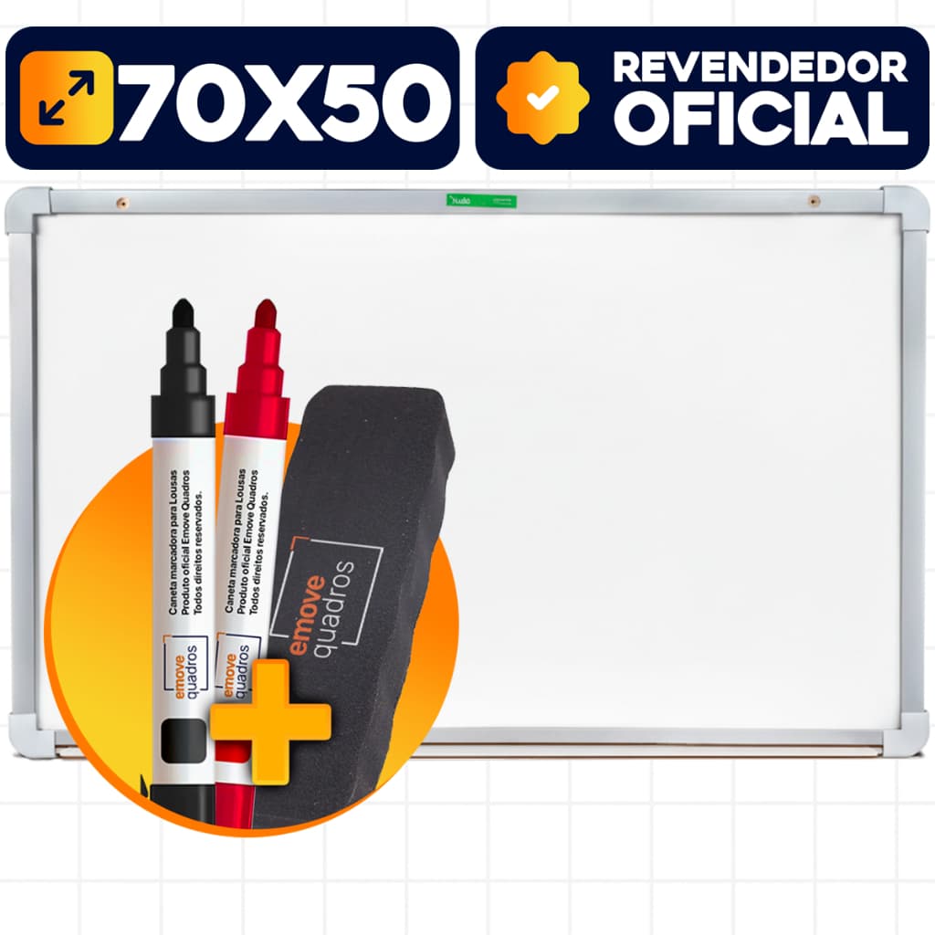 Quadro Branco Lousa 70x50cm Moldura Alumínio  Soft + 2 Canetas  + 1 Apagador