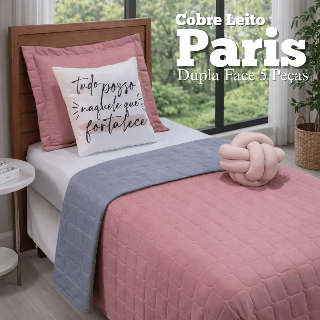 Cobre Leito Paris Cama Solteiro Colcha Dupla Face 5 peças Várias Cores