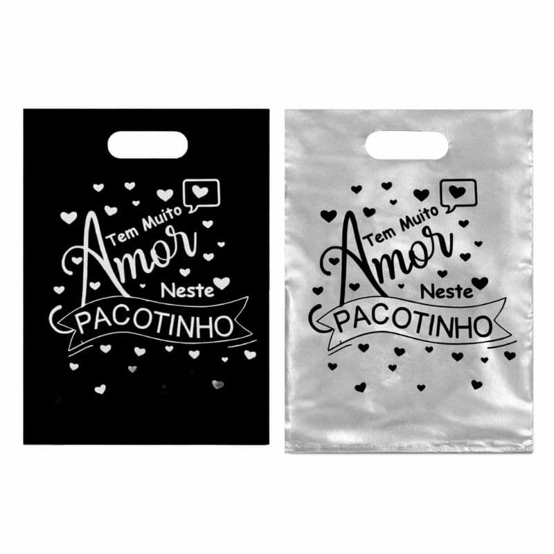 50 sacolas com frases nesse pacotinho tem amor preta 30x40