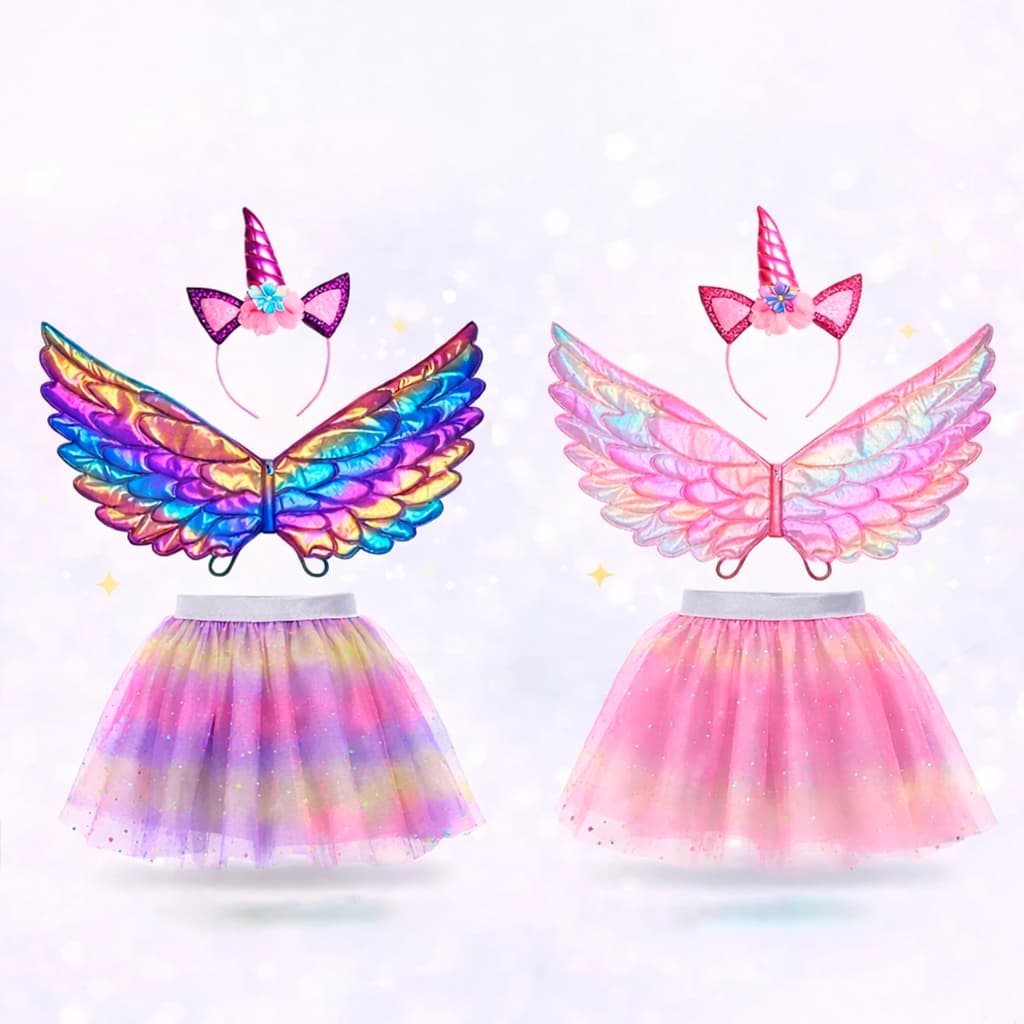 Kit Fantasia Infantil Unicórnio 3PÇS Asa + Saia + Tiara - Cosplay/Festa/Carnaval/Halloween/Aniversário