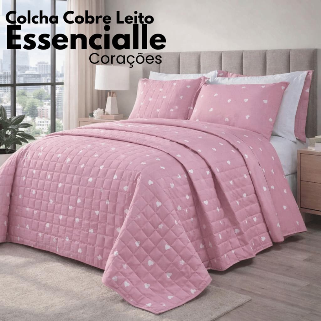 Colcha Casal Queen Solteiro King Cobre Leito Rosa Corações Matelado Kit 3 Peças Porta Travesseiro