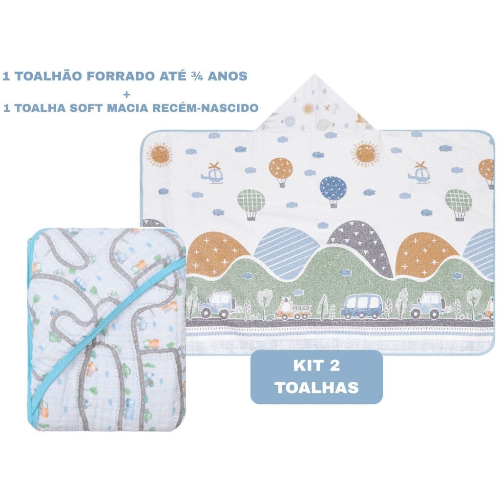 kit 2 toalhas Crescer! Do RN aos 3/4 aninhos! 1 toalha soft 80x80cm + 1 toalhão forrado 110x70cm.