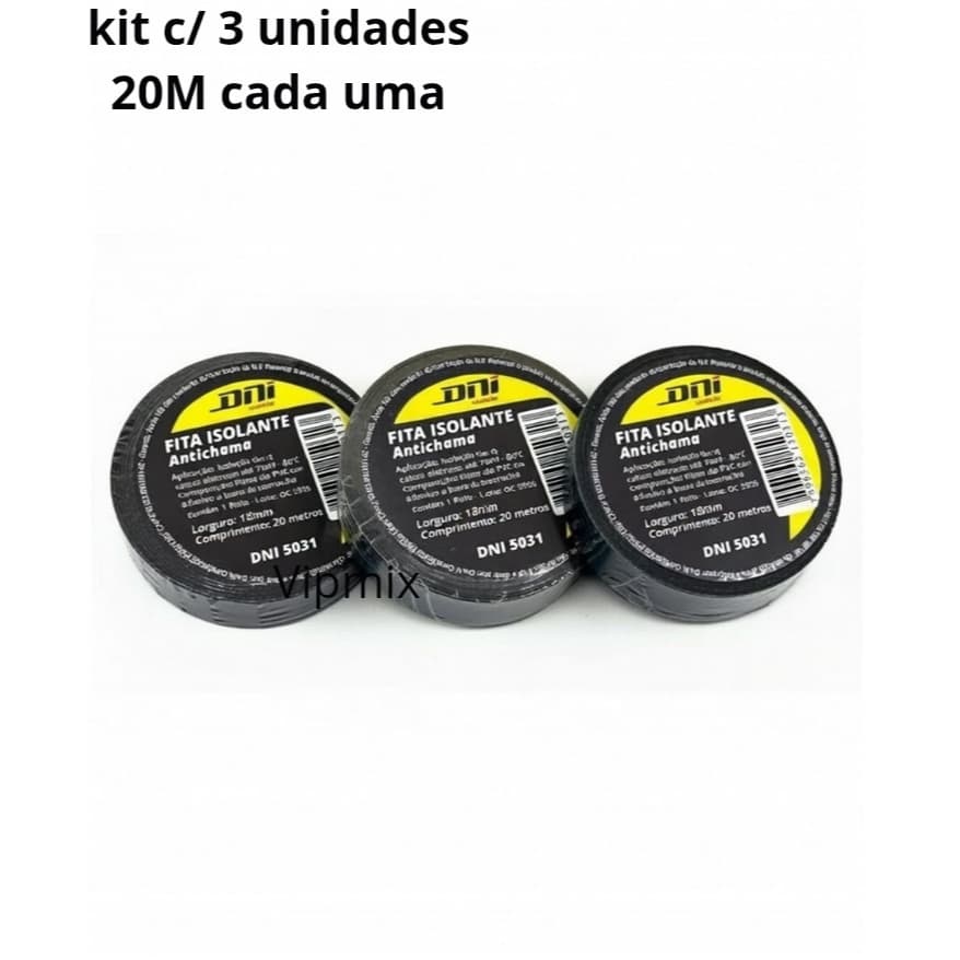 Kit com 3 unidades de fita isolante 20 Metros em cada unidade fita elétrica preta antichama pvc Boa aderência Resistente