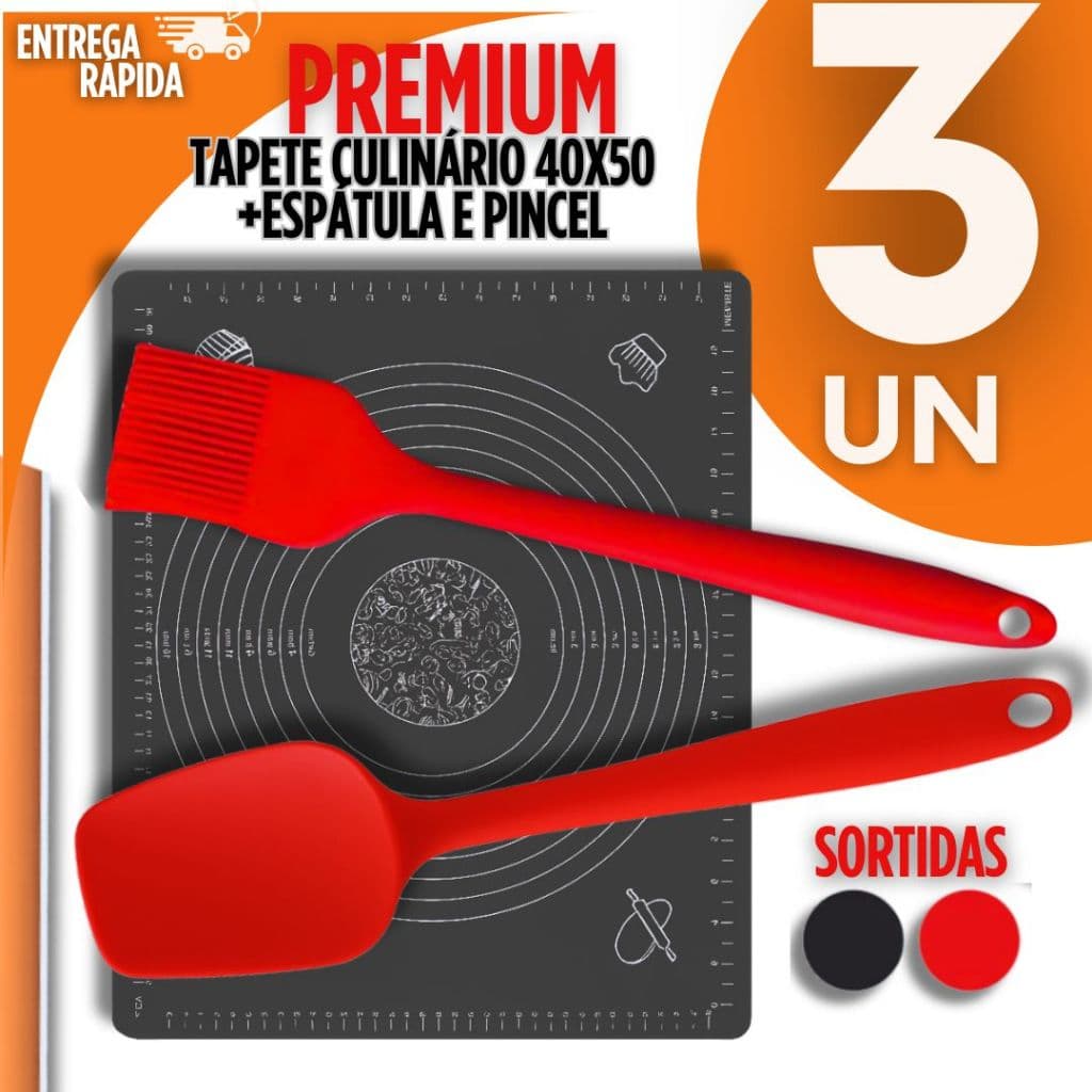 Kit 3 Peças - Tapete Culinário 40x50 + Utensílios de Silicone Pincel Culinário + Espátula Pão Duro