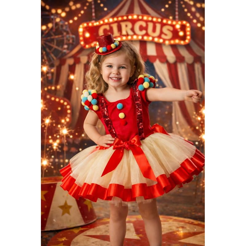 Vestido Fantasia Circo vermelho Luxo Palhacinha Pompons Luxo