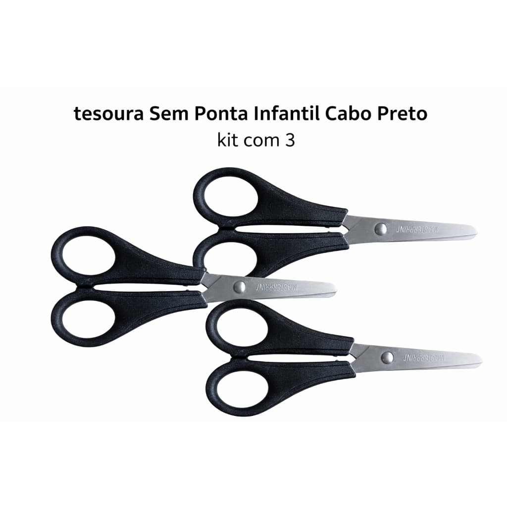 Kit 3 Tesouras Escolar Sem Ponta Infantil Cabo Preto - Masterprint