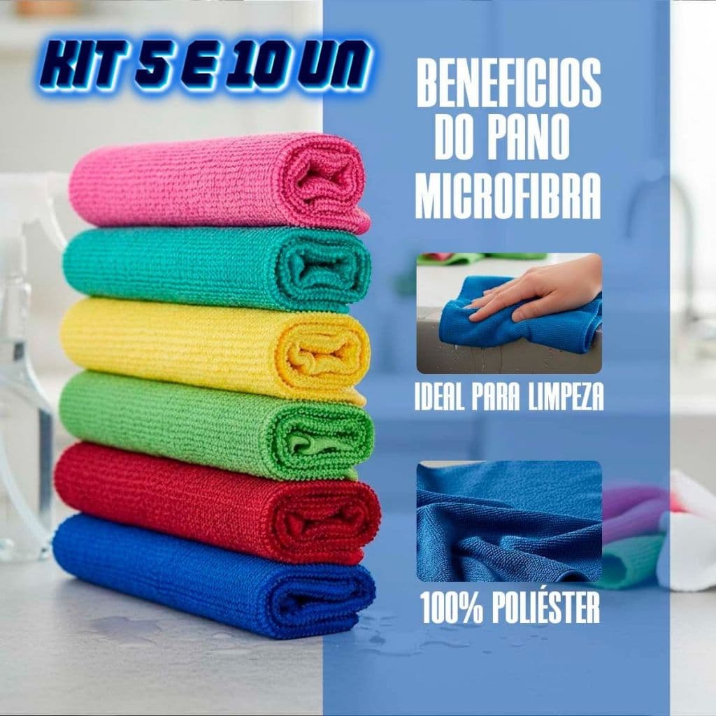 Pano de Microfibra Limpeza Premium 100% Poliéster Kit 5 e 10 Unid Multiuso Alta Absorção Não Risca