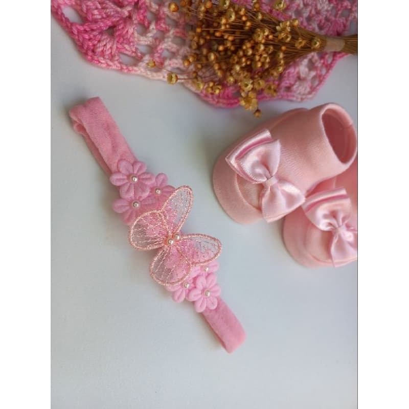 Faixa Jardim Encantado + Sapatinho pantufa Rn Vermelho/ Saída maternidade enxoval bebê menina festa infantil borboleta.