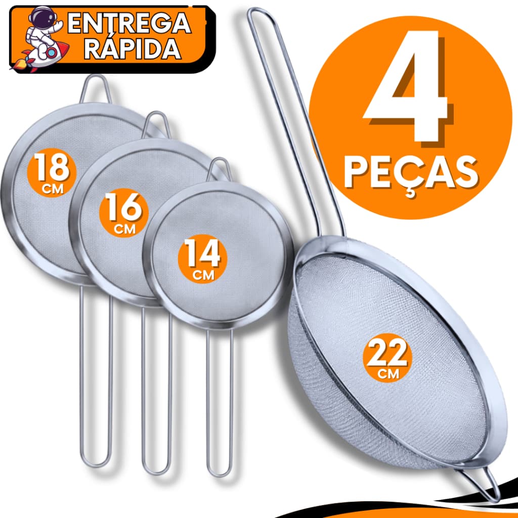 KIT 4 Peneira Coador Aço Inox 14cm 16cm 18cm 22cm Resistente Cozinha Casa Restaurante Peneiras