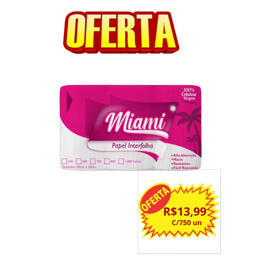 Papel Toalha Interfolha Branco 100% Celulose 20x20 Com 750 Folhas Miami