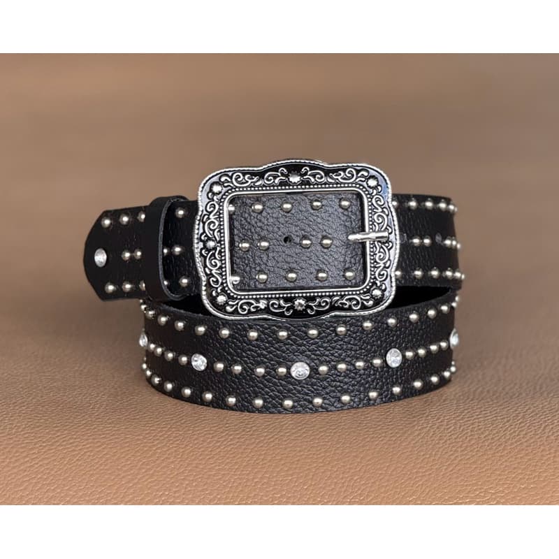 Cinto Feminino Couro Legítimo com Strass e Tachas – Fivela Western Country (Preto, Caramelo, Marrom)