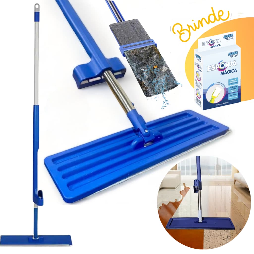 Mop Esfregão Flat Giratório Limpeza de Piso, Teto, Vidros Banheiro + Esponja de Brinde