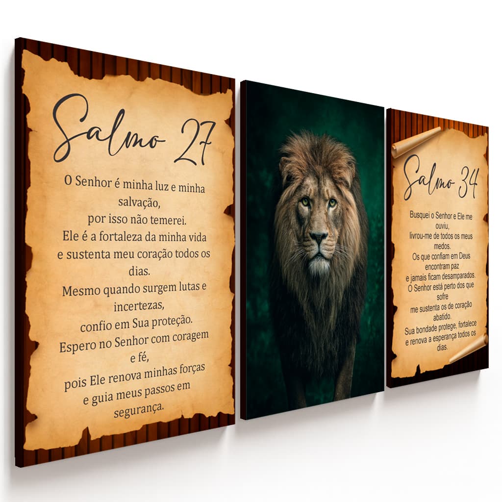 Kit de 3 Quadros Decorativos Leão de Judá e Salmos 27 e 34