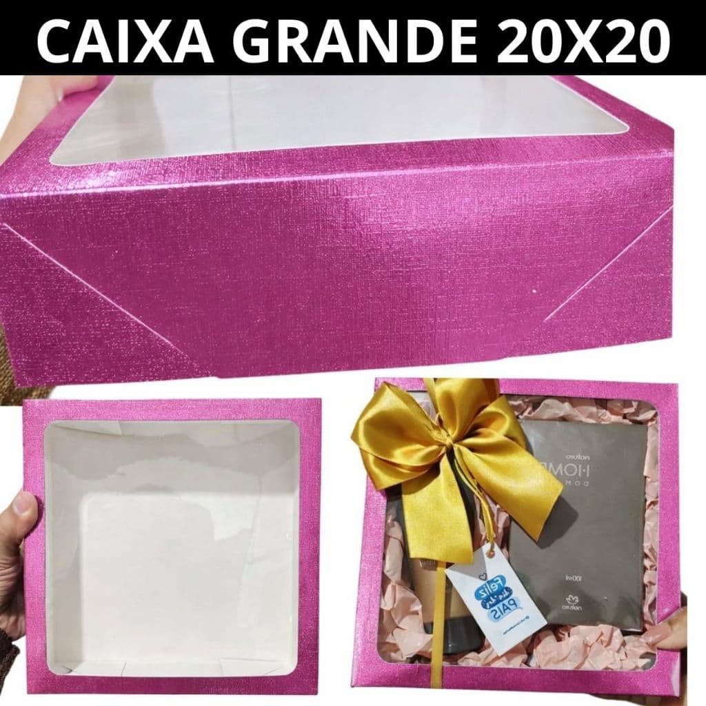 Caixa com visor para presentes  doces 20X20X6 10 un dia das mães namorados e pais ROSA