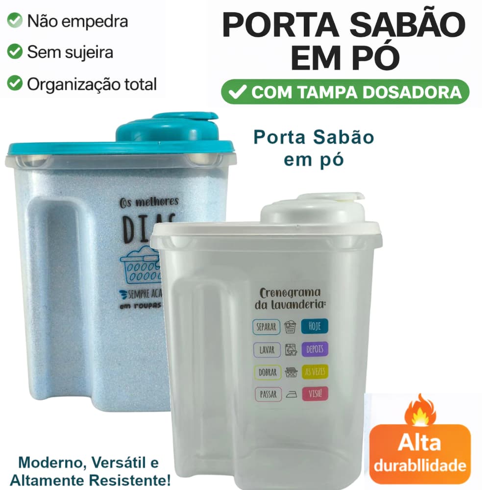 Porta Sabão em Pó com Tampa Dosadora 2L – Organizador de Lavanderia | Tampa Azul – Frase Divertida