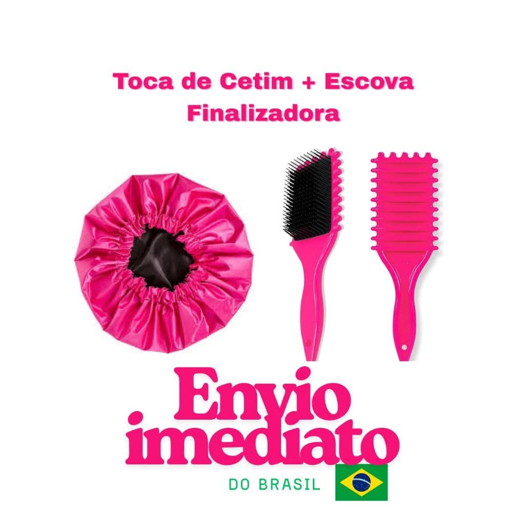 KIT TOCA DE CETIM ROSA MAIS ESCOVA DE FITAGEM ROSA