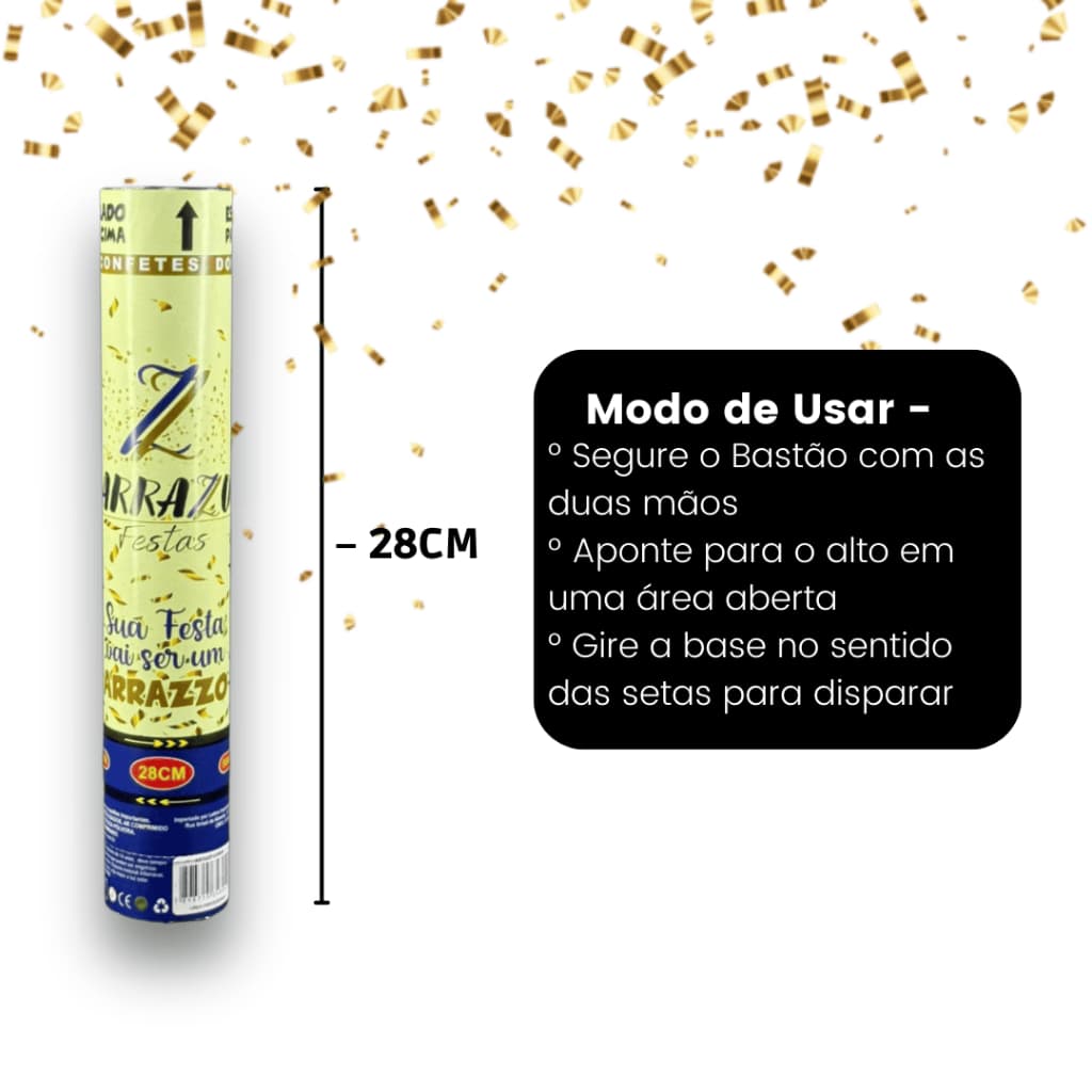 Lança Confetes 28cm Efeito Surpresa com Mix de Confetes Coloridos Serpentinas Penas Pétalas e Corações Para Eventos