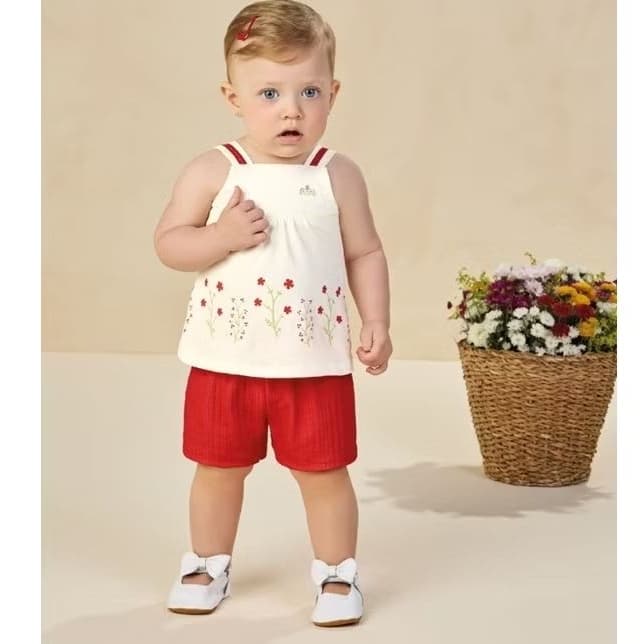 ​Conjunto Roupa Bebê e infantil Menina Verão Floral Blusa + Short Tam P ao GG e 1 ao 3