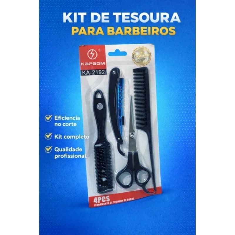 Kit para cortar cabelo e Barba 4 peças com pente,tesoura navalha Preto,Beleza,Cuidado