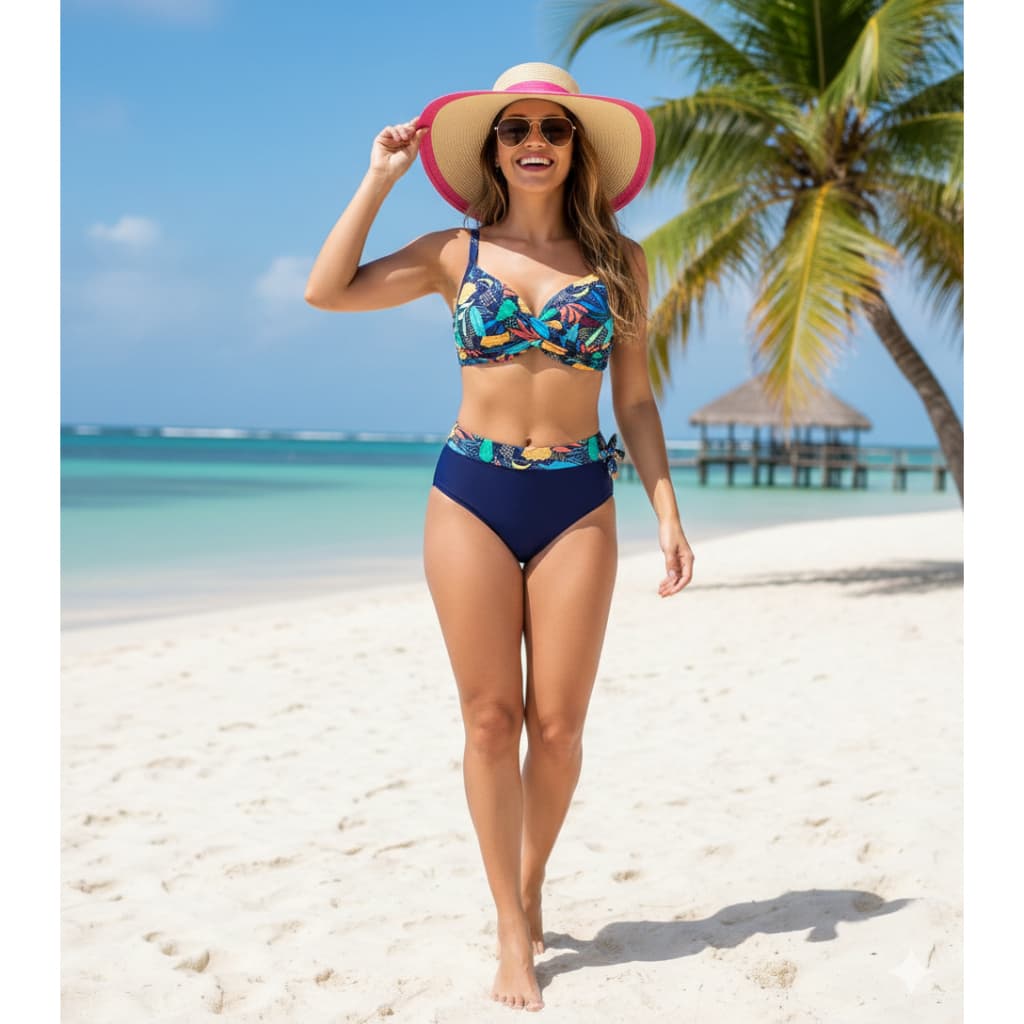 Biquíni Cintura Alta Hot Pants Estampa Tropical - Conjunto Feminino Ref 7803 Com Bojo e Sustentação