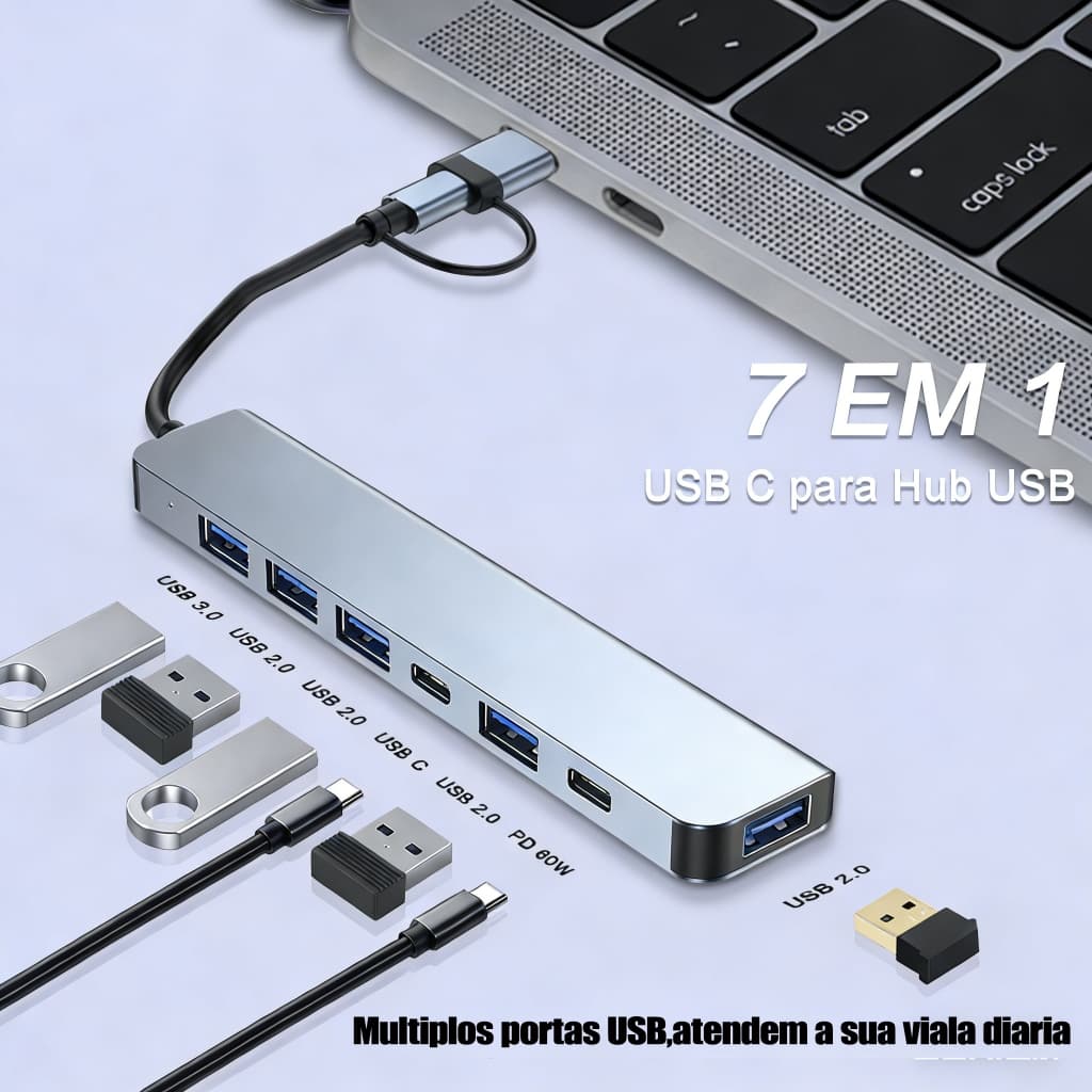 Hub USB 7 em 1 Alumínio | 2 USB-C + 5 USB 3.0/2.0 | Ultra Fino Portátil para Notebook, PS4, Xbox, Impressora, Mouse