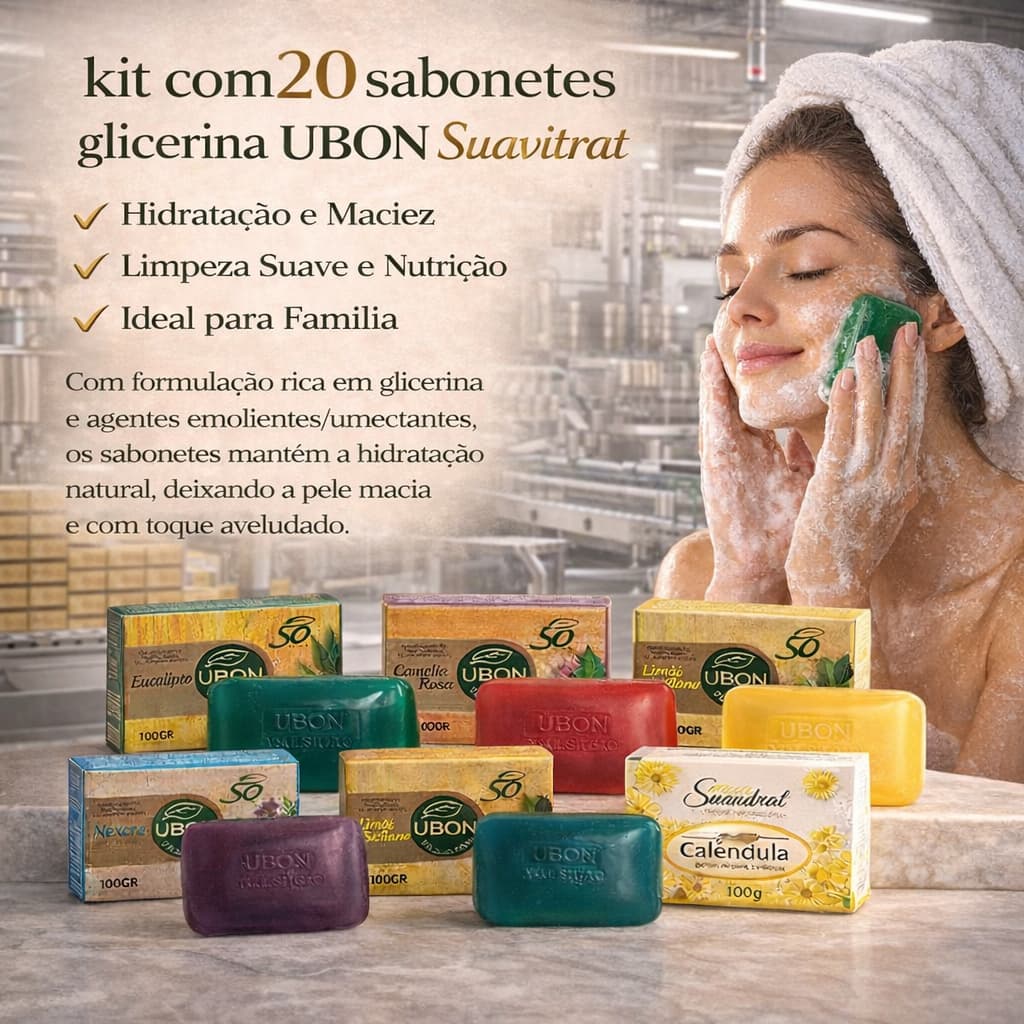 Kit 20 Sabonetes Glicerinados em Barra100g Ubon Suavitrat Natural Hidratante Fragrâncias Sortidas