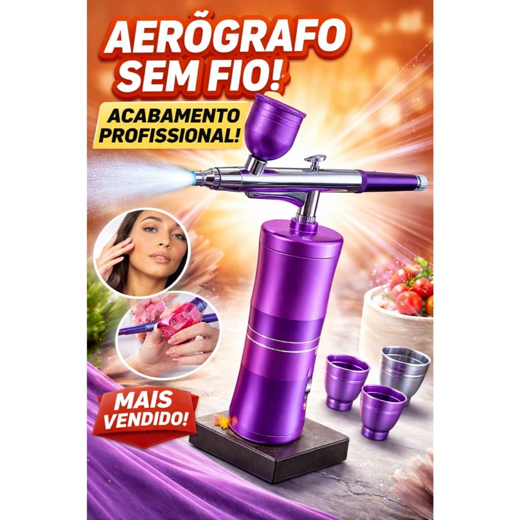 Aerógrafo Compressor Sem Fio Portátil Kit 3 Copos Multiuso Maquiagem Nail Art Confeitaria Artes