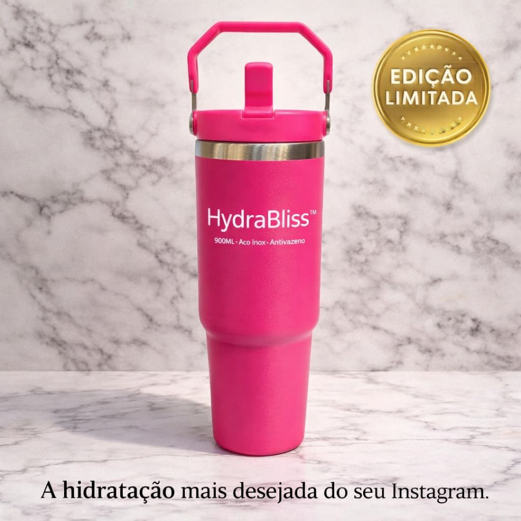 Garrafa Térmica 900ml Pink com Canudo e Alça | Aço Inox Antivazamento HydraBliss™
