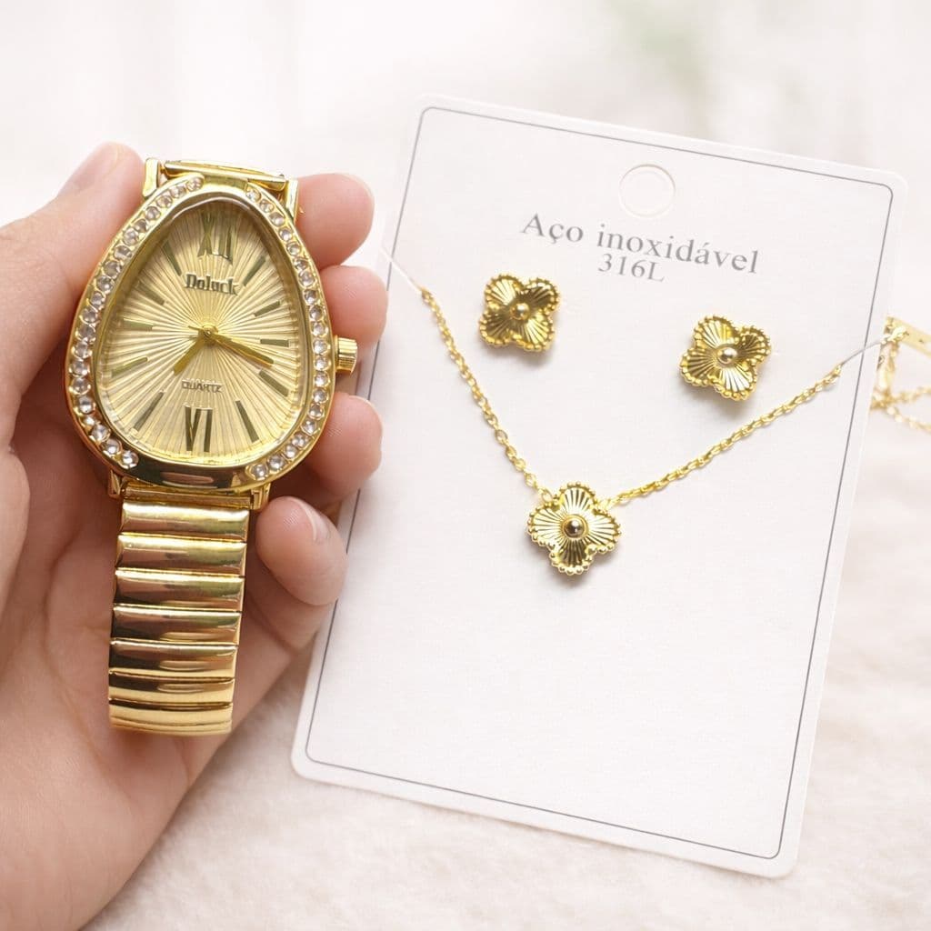 Kit Presente Feminino Relógio Dourado com Strass + Colar e Brinco Trevo Aço Inox 316L Não Escurece