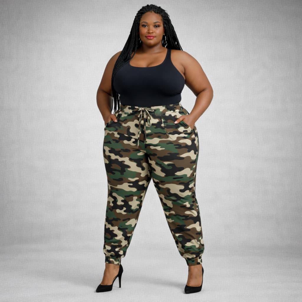 Calça Feminina Plus Size Jogger Camuflado Exercito M ao G4 (40 ao 54) Tecido Bengaline Linha Premium Moda Plus Size
