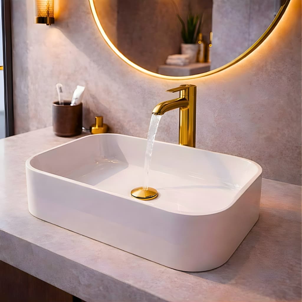 *PROMOÇÃO* Pia Para Banheiro Cuba de Sobrepor 37cm Apoio Lavabo Retangular Mármore Sintético Branca