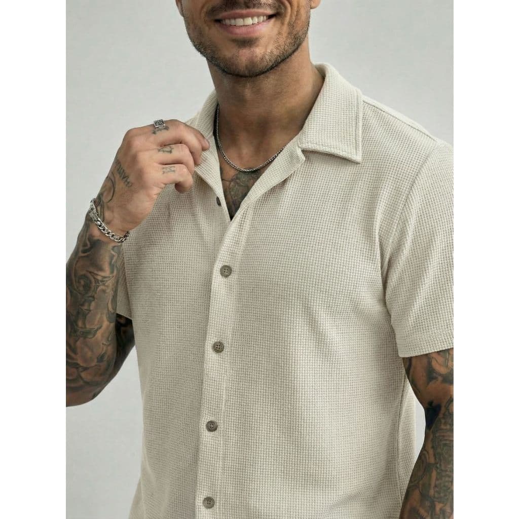 Camisa Masculina Com Waffle De Tecido Para Uso Casual De Verão