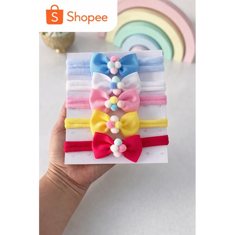 Kit 5 Faixas de Bebê com Laço e Pompom Colorido