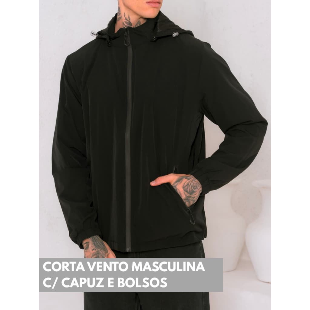 Corta Vento Leve Masculina Impermeavel com Capuz Jaqueta Esportiva Casual Ziper Bolso Frio Chuva Proteção