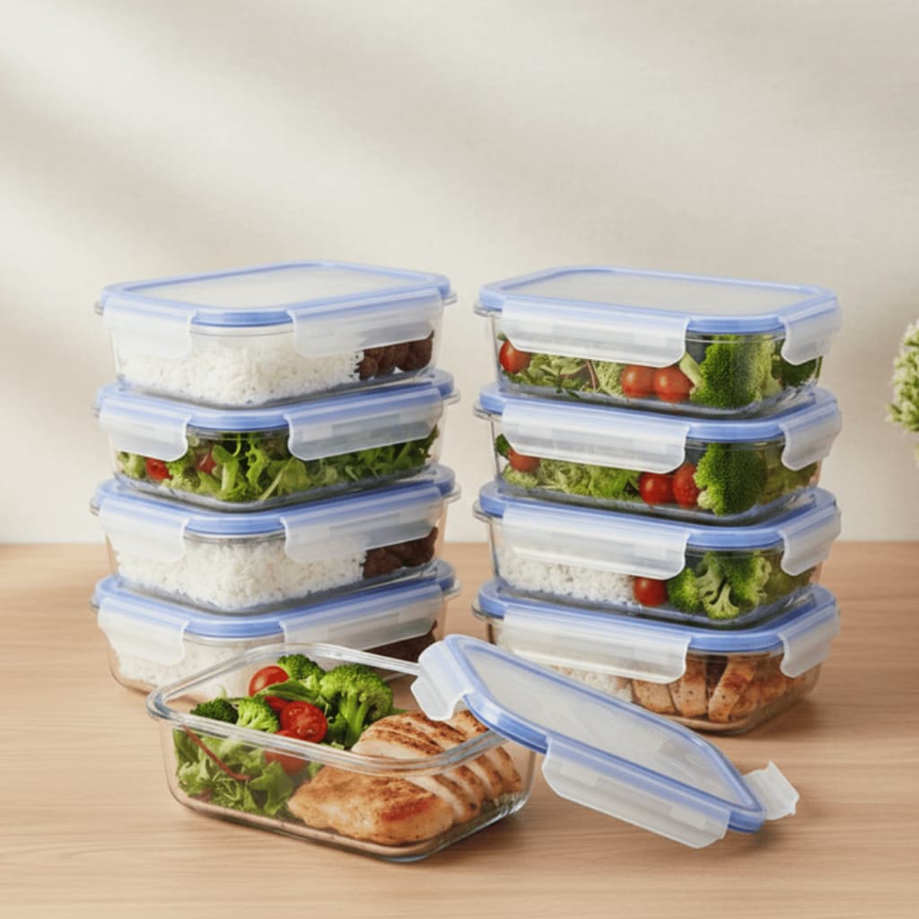 Kit 10 Potes Vidro 640ml Hermético Marmita Fit 4 Travas Não Vaza Freezer Microondas