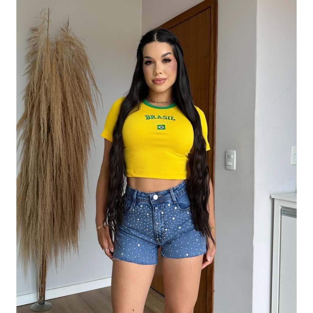 Blusinha Cropped Canelada Feminina Brasil Torcida Copa Top