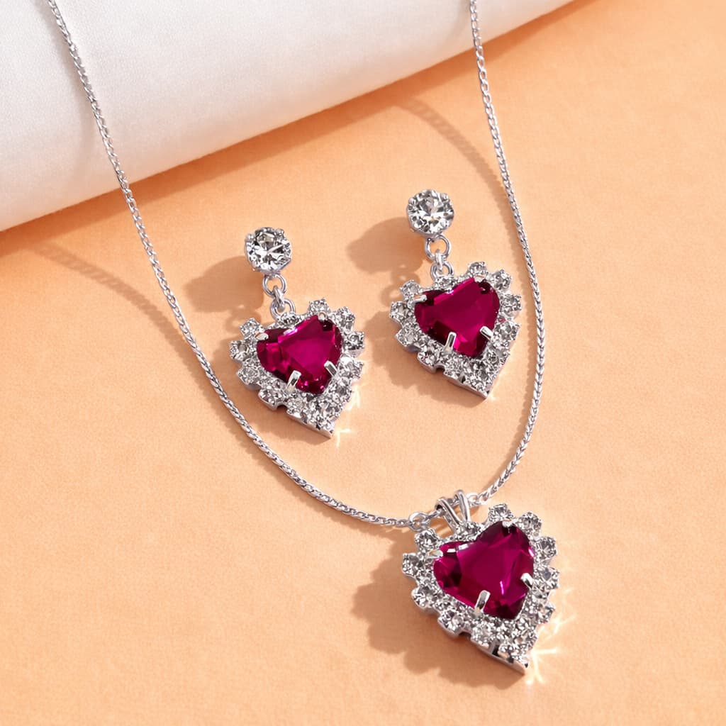 Conjunto Colar e Brincos Coração Rosa com Zircônias Prata 925 – Elegância e Delicadeza