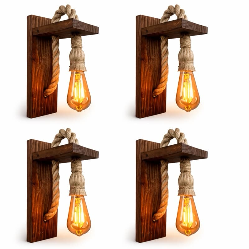 4 Arandelas de Parede Rústicas Retrô em Madeira e Corda Sisal – Iluminação Decorativa